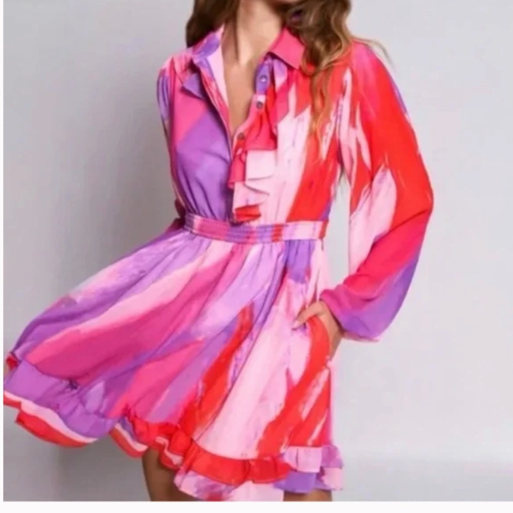 Anthropologie Hutch Ruffled Kathy Dress Pink Multi Brushstroke Large